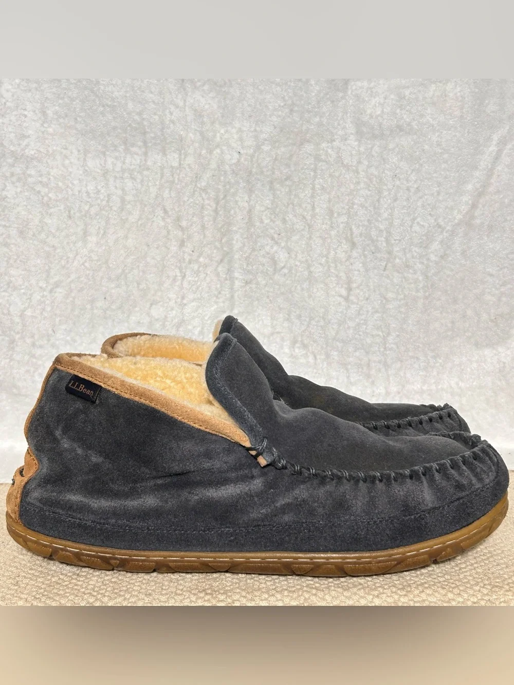 LL Bean Mens Blue Suede Wicked Good Shearling-Lined Moc SlipOn Boots Shoes SZ 10